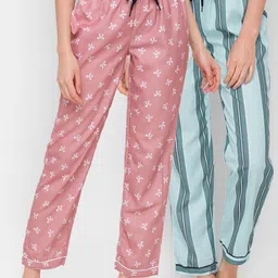 FashionRack Women Pack Of 2 Brown & Blue Printed Regular Fit Cotton Lounge Pants-picture-23