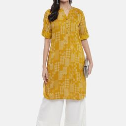 RANGMANCH BY PANTALOONS Women Mustard Yellow Checked Thread Work Pathani Kurta-picture-11