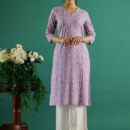 Sangria Lavender  & White Bandhani Printed V-Neck Cotton Straight Kurtas-24