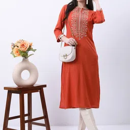 Vishudh Rust Floral Yoke Design Thread Work Straight Kurta-0