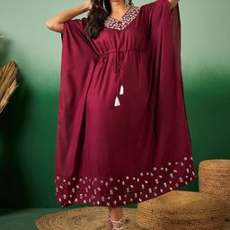 Sangria Embroidered Flared Sleeves Tie-Up Detail Mirror Work Kaftan Ethnic Dress-image-44