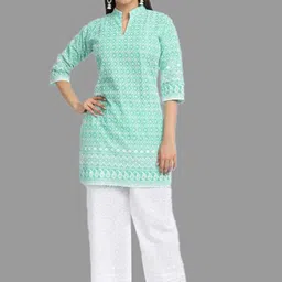 Trendzmy Women Sea Green Ethnic Motifs Embroidered Chikankari Cotton Kurta-picture-25