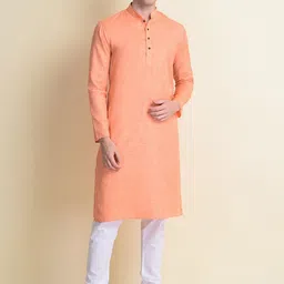 NAMASKAR Men Red Solid Cotton Linen Kurta-31