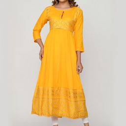 Kesarya Women Yellow Ethnic Motifs Embroidered Thread Work Block Print Anarkali Kurta-53