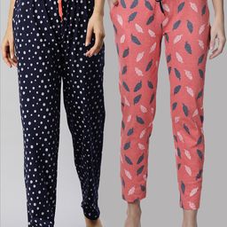 Kryptic Woman Pack Of 2 Orange & Blue Printed 100% Cotton Lounge Pants-image-18