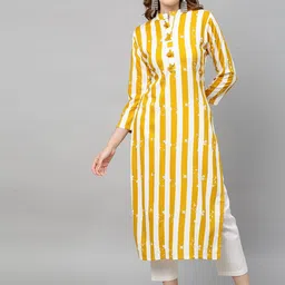 FASHOR Women Mustard Yellow Striped Thread Work Kurta-image-99