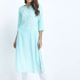 Vishudh Women Sea Green Floral Embroidered Thread Work Kurta-picture-43