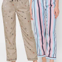 FashionRack Women Pack Of 2 Beige & Multicoloured Printed Regular Fit Cotton Lounge Pants-picture-27