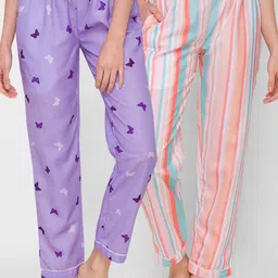 FashionRack Women Purple & Peach-Coloured Set Of 2 Printed Cotton Lounge Pants-picture-36