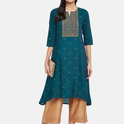 RANGMANCH BY PANTALOONS Women Blue & Gold-Toned Ethnic Motifs Embellished Thread Work Kurta-picture-31