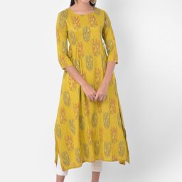 Span Women Mustard Yellow Ethnic Motifs Printed Pure Cotton A-Line Kurta-image-80
