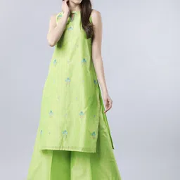 Vishudh Women Green Geometric Embroidered Keyhole Neck Kurta-image-81