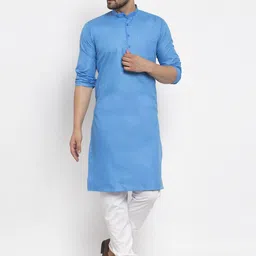 Kaifoo Men Blue Solid Cotton Blend Long Kurta-46