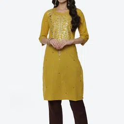 Rangriti Women Mustard Yellow & Gold-Toned Floral Printed Kurta-25