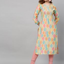 FASHOR Women Yellow & Blue Ethnic Motifs Yoke Design Kurta-image-93