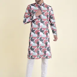TABARD Men Maroon & Black Geometric Printed Cotton Kurta-image-57