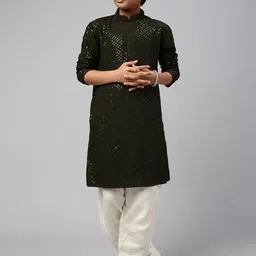 Sangria Boys Ethnic Motifs Embroidered Chikankari Pure Cotton Straight Kurta-image-82