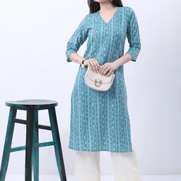 Vishudh Blue Floral Printed V-Neck Straight Kurta-picture-49