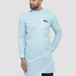 Kaifoo Men Sea Green Chikankari Asymmetric Kurta-37