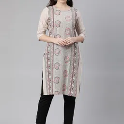 Marcia Women Beige Ethnic Motifs Striped Keyhole Neck Kurta-10
