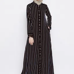 MOMIN LIBAS Women Black & White Striped Front Open Abaya Burqa-picture-35