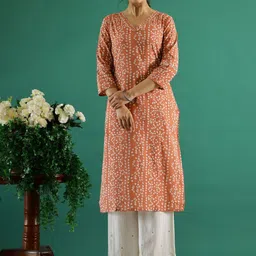 Sangria Peach  & White Bandhani Printed V-Neck Cotton Straight Kurtas-7