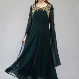 Ziva Fashion Women Green Embellished Flared Sleeves Georgette Maxi Dress-image-100