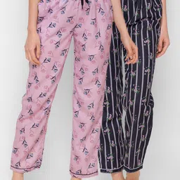 FashionRack Women Pink & Black Set Of 2 Printed Cotton Lounge Pants-picture-27
