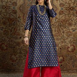 Shae by SASSAFRAS Mandarin Collar Ethnic Motifs Printed Indie Prints Jacquard Kurta-image-65