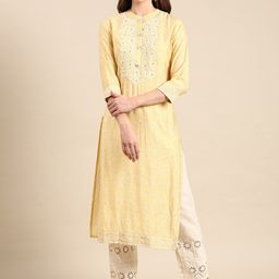 SHOWOFF Floral Printed Thread Work Mandarin Collar Art Silk Straight Kurta-image-66