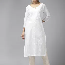 Yufta Floral Chikankari Embroidered Regular Pure Cotton Straight Kurta-picture-56