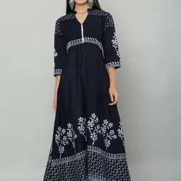 EZIS FASHION Women Navy Blue Floral Printed Thread Work Anarkali Kurta-picture-34