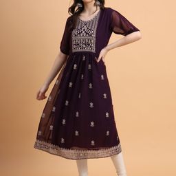 HERE&NOW Ethnic Motifs Embroidered Thread Work Georgette Anarkali Kurta-24