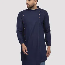 Kaifoo Men Navy Blue Flared Sleeves Thread Work Asymmetric Kurta-39