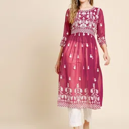 VAIRAGEE Floral Embroidered Mirror Work Georgette Pleated A-Line Kurta-50