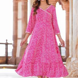 KALINI Striped V-Neck Mirror Work Midi Ethnic Dress-image-79