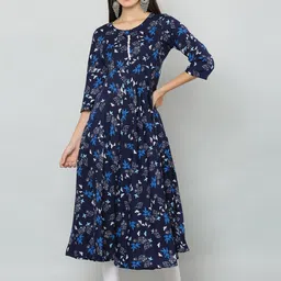 EZIS FASHION Women Navy Blue Floral Printed Thread Work Crepe Anarkali Kurta-picture-55