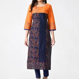 RIYA Women Orange & Navy Blue Floral Block Printed Cotton Kurta-image-9