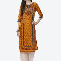 Biba Women Mustard Yellow Geometric Printed Cotton Kurta-image-86