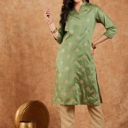 Sangria Green Ethnic Motif Embroidered V-Neck Regular Straight Kurta-picture-11