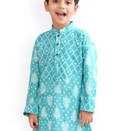Sangria Boys Blue & White Floral Printed Mandarin Collar Straight Cotton Kurta-45