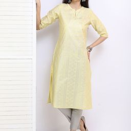 Vishudh Women Yellow & Silver-Toned Printed Keyhole Neck Straight Kurta-picture-19