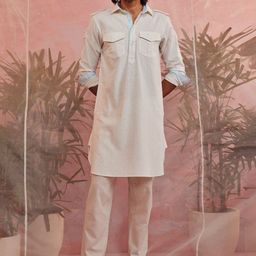 charkhee Shirt Collar Roll Up Sleeves Pure Cotton Pathani Kurta-image-50