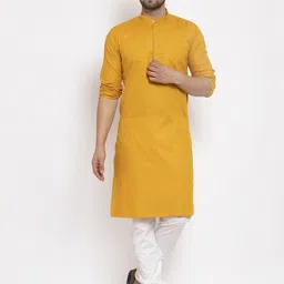 Kaifoo Men Mustard Yellow Solid Cotton Blend Long Kurta-54