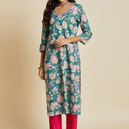 Sangria Floral Printed Pure Cotton A Line Kurta-image-24