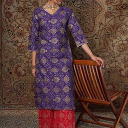 Shae by SASSAFRAS Floral Printed Zari Jacquard Straight Kurta-image-83