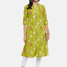 RANGMANCH BY PANTALOONS Women Lime Green Checked Thread Work Kurta-picture-7