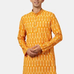 Wintage Men Yellow Ikat Printed Cotton Kurta-image-7
