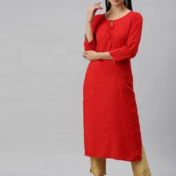 SHOWOFF Women Red Geometric Printed Kurta-12
