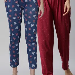 Kryptic Women Pack of 2 Maroon & Navy Blue Printed Cotton Lounge Pants-picture-49